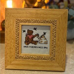 Wooden Framed Handmade Bear Cross-Stitch Art